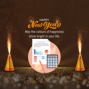 New Year greeting with business charts and fireworks