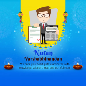 Illustration of a businessman with a clipboard and calculator, with Diwali lamps and festive decorations, wishing a Happy New Year.