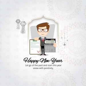 Cartoon businessman with calculator and clipboard wishing Happy New Year