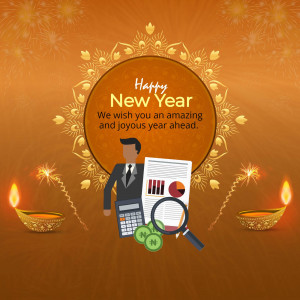 Happy New Year graphic with business professionals and financial elements