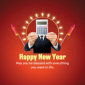 Image of a person holding a calculator with fireworks and a Happy New Year message.
