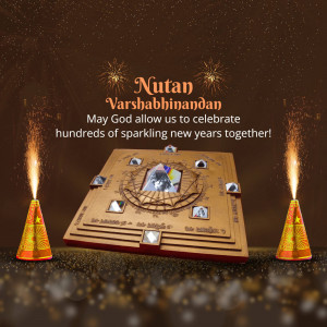 New Year greeting with fireworks and a traditional Indian sweet platter.