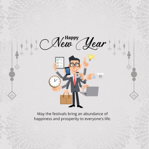 Illustration of a businessman with multiple arms holding various work-related items, wishing a Happy New Year.