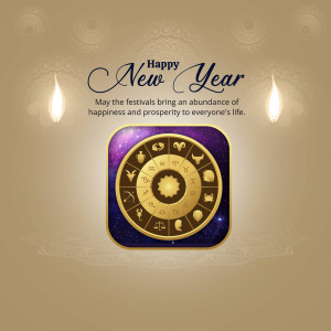 New Year greeting with zodiac signs and festive elements