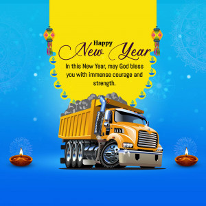 New Year greeting with a truck and festive decorations