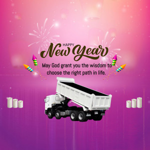 New Year greeting with a construction truck and fireworks
