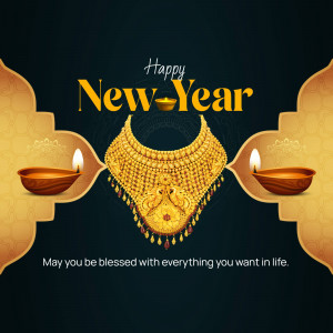 New Year greeting with gold necklace and traditional oil lamps