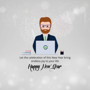 Illustration of a man with a beard working on a laptop with fireworks in the background, wishing a Happy New Year.