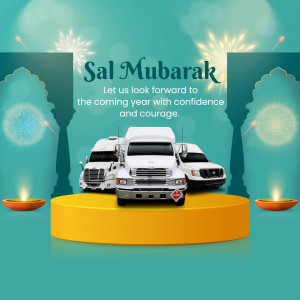 Sal Mubarak greeting with trucks and festive decorations
