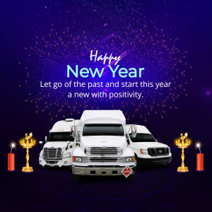 New Year greeting with trucks and celebratory elements