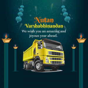 Nutan Varshabhinandan greeting with a yellow dump truck and festive lights.