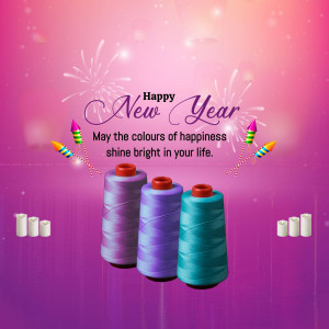 New Year greeting with colorful spools of thread and fireworks