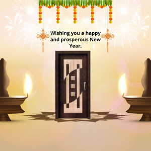 A decorated door with traditional lamps and festive decorations for New Year.