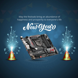 New Year greeting with a motherboard and fireworks