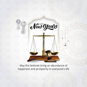 New Year greeting with scales of justice and legal gavel
