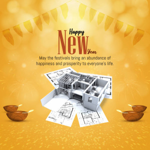 New Year greeting with a house blueprint and festive decorations.