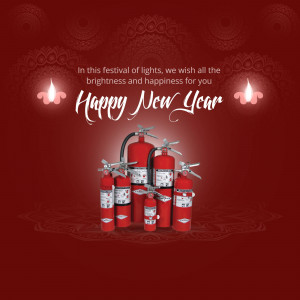 Fire extinguishers arranged with a Happy New Year greeting.