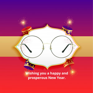 Festive New Year graphic with fireworks, glasses, and a celebratory message.