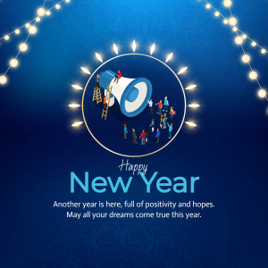 Illustration of people around a megaphone with string lights and 'Happy New Year' text.