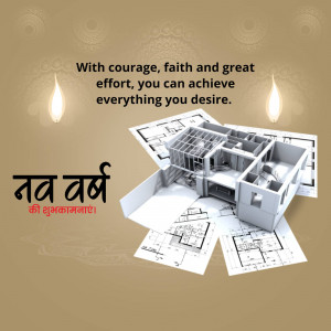 Image depicting a house blueprint emerging from an open box with Diwali lamps, and text wishing 'Happy New Year'.