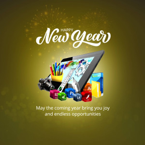 New Year graphic with digital art tools and festive elements.