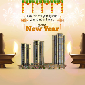 New Year greeting with a cityscape and traditional decorations