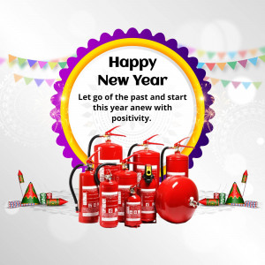 New Year greeting with fire extinguishers and festive decorations