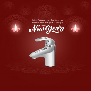 New Year greeting with a silver faucet and festive decorations