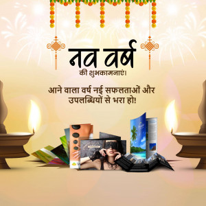 New Year greeting with diya lamps, books, and festive decorations.