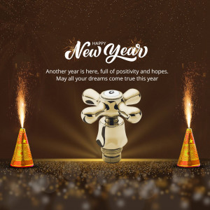 New Year greeting with a golden faucet and celebratory elements