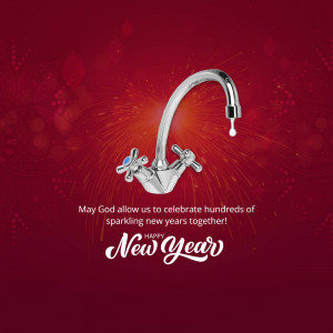 Chrome water tap with sparkling background and New Year wishes