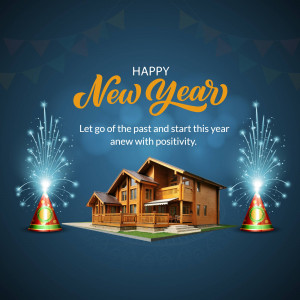 New Year greeting with a house and fireworks
