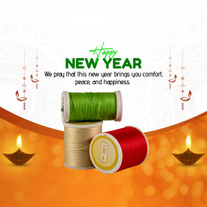 New Year greeting with colorful thread spools and traditional oil lamps