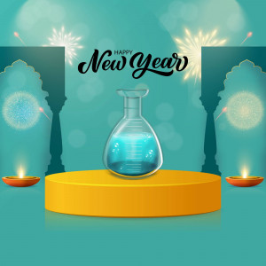 New Year festive background with diya, glass bottle, and fireworks
