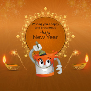 A festive New Year graphic with a paint bucket character and traditional oil lamps.