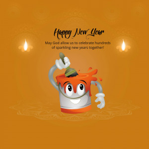 Cartoon paint can with 'Happy New Year' message and candles