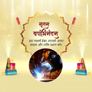 Gujarati New Year greeting with fireworks and a family image