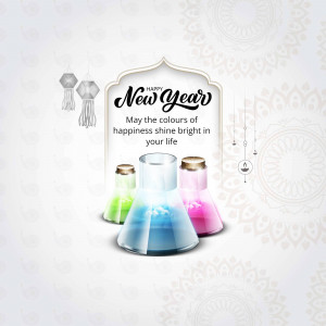 New Year greeting with colorful lanterns and decorative elements.