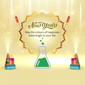 New Year greeting card with fireworks, a flask, and festive decorations.
