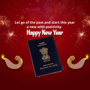 Indian Passport with New Year decorations - fireworks, diya lamps, and a motivational message.