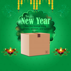 New Year greeting with a gift box and festive decorations