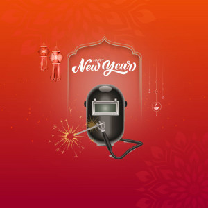 Welding helmet with New Year decorations and fireworks