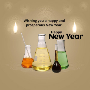 New Year greeting with chemistry beakers and candles