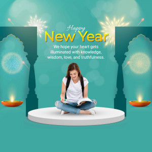 A woman reading a book with a New Year greeting and decorative elements.
