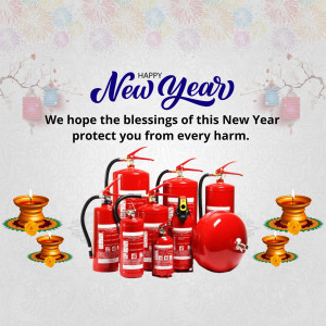 New Year greeting with fire extinguishers and candles
