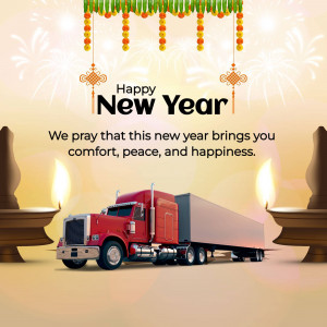 New Year greeting with a truck and traditional decorations