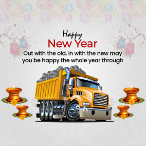 Illustration of a dump truck carrying coal with New Year decorations.