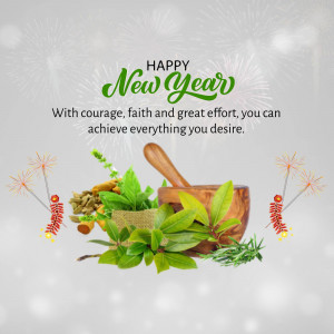 New Year greeting with Ayurvedic herbs and a mortar and pestle