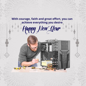 Man repairing a computer with a New Year greeting.