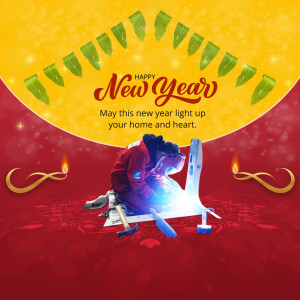 A person lighting a traditional oil lamp with a New Year greeting.